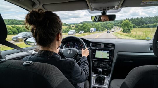 Femme consultant une tablette dans un showroom automobile entre une citadine et un SUV